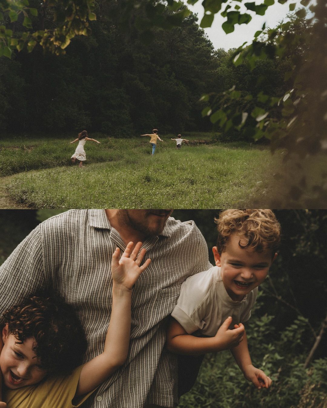 Kids running through a meadow and a father holding his children