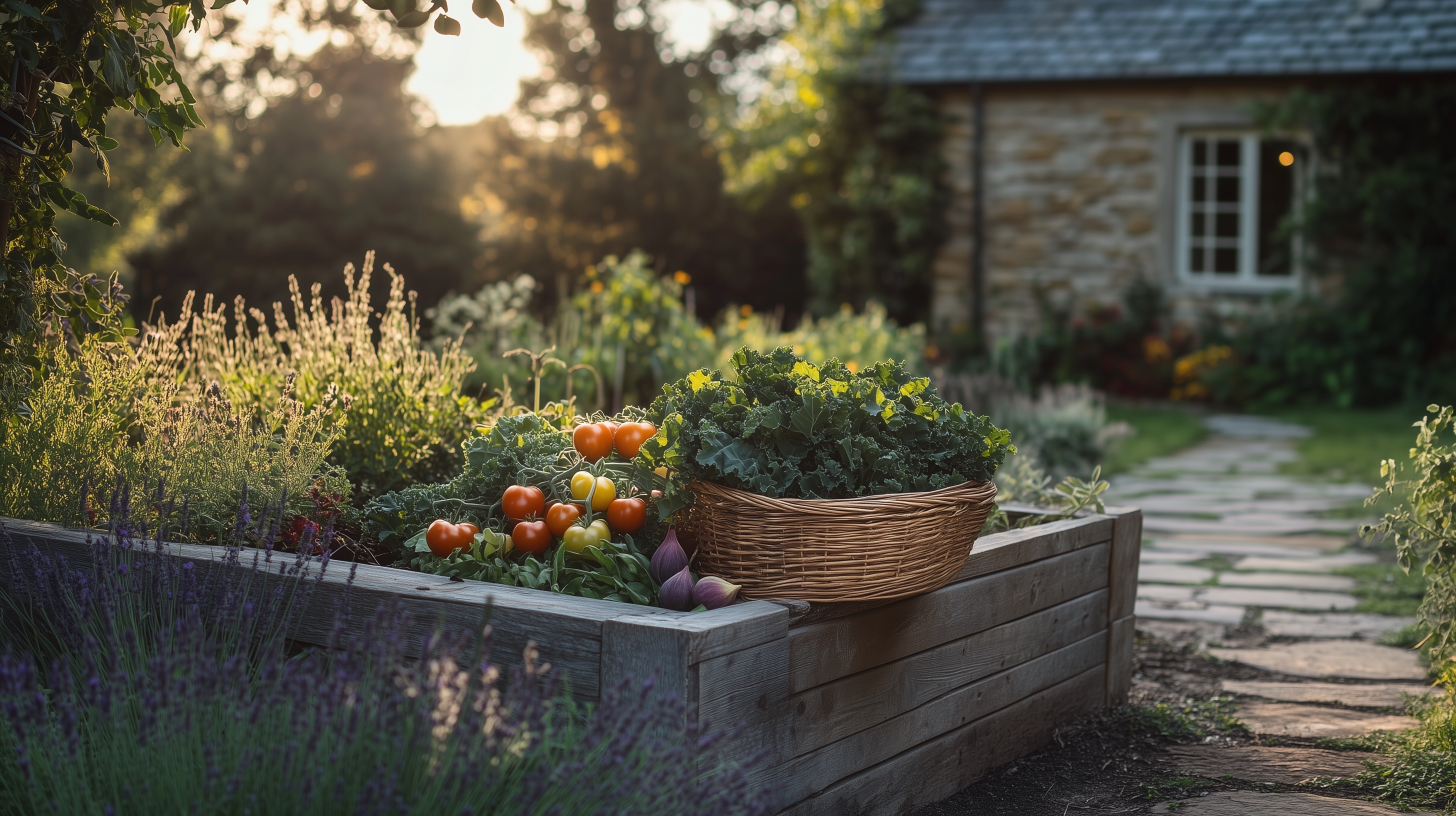 Cottage farmhouse with stone wall and kitchen garden