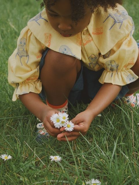 A child gathering wildflowers in the meadow